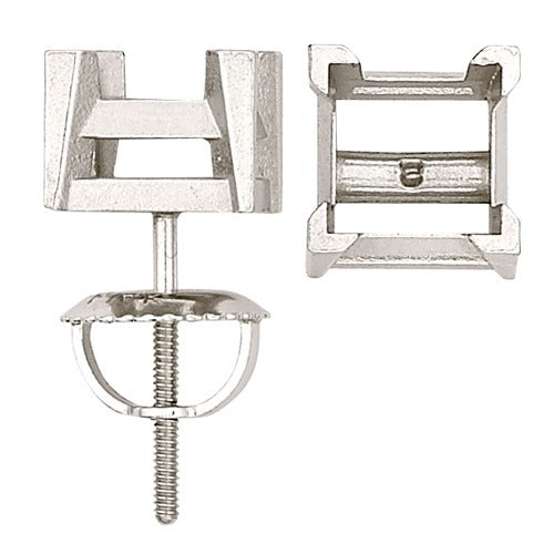 14K White Square Screw-Back Earring W/ V-Prongs