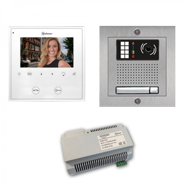 Gb2 Series: 1-Unit Color Video Entry Intercom Kit. One 4.3" Soft-Touch Monitor, Surface-Mounted Stainless Steel Entrance Panel (1-Button)