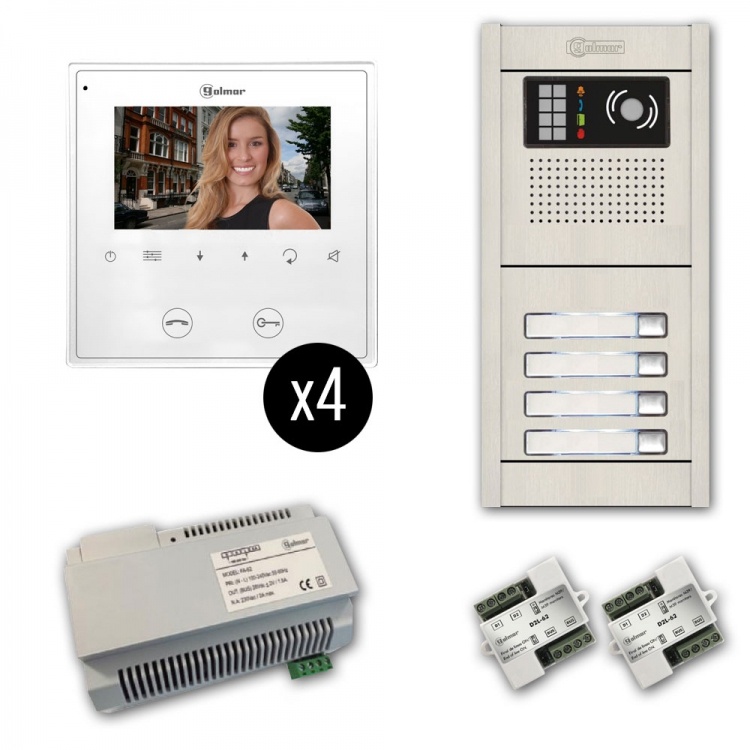 Gb2 Series: 4-Unit Color Video Entry Intercom Kit. Four 4.3" Soft-Touch Monitors, Surface-Mounted Aluminum Entrance Panel (4-Button)