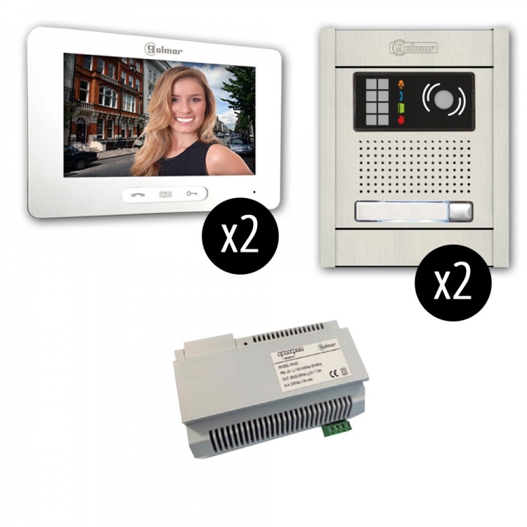 Gb2 Series: 1-Unit Touchscreen Video Entry Intercom Kit (2X2). Two 7.0" Touchscreen Monitors, Two Surface-Mounted Aluminum Entrance Panels (1-Button)