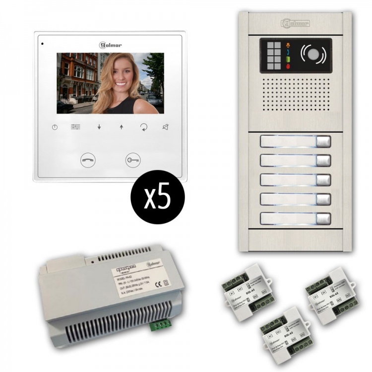 Gb2 Series: 5-Unit Color Video Entry Intercom Kit. Five 4.3" Soft-Touch Monitors, Surface-Mounted Aluminum Entrance Panel (5-Button)