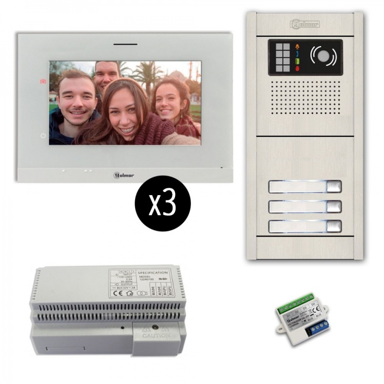 3-Unit Videointercom Kit-Al-Fl. Incl. 3- Art7lite/G2 Monitors 3 Button Flush Alum. Door Camera Station & Power Equipt