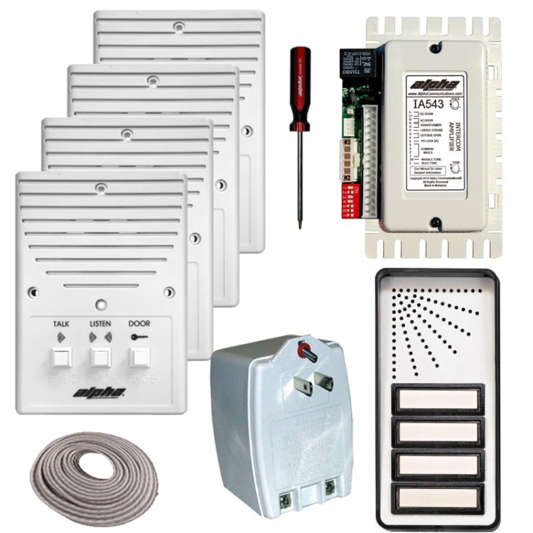 4- Unit Apt. Intercom Kit+Wire. Contains: 4- Is204a+ 1- Ia543 1- Es04s Panel + 1- Ss105b 1- S1 And 250' 4Prj (Coiled)