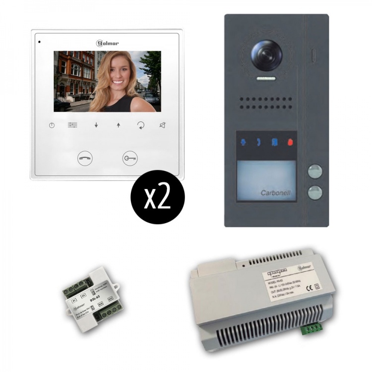 Gb2 Jazz Series: 2-Unit Color Video Entry Intercom Kit. Two 4.3" Soft-Touch Monitor, Surface-Mounted Entrance Panel (2 Button)