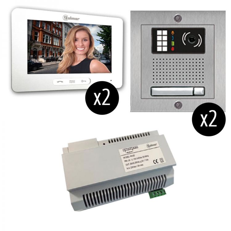 Gb2-7 Series: 1-Unit Touchscreen Video Entry Intercom Kit (2X2). Two 7.0" Touchscreen Monitors, Two Flush-Mounted Stainless Steel Entrance Panels (1-Button)