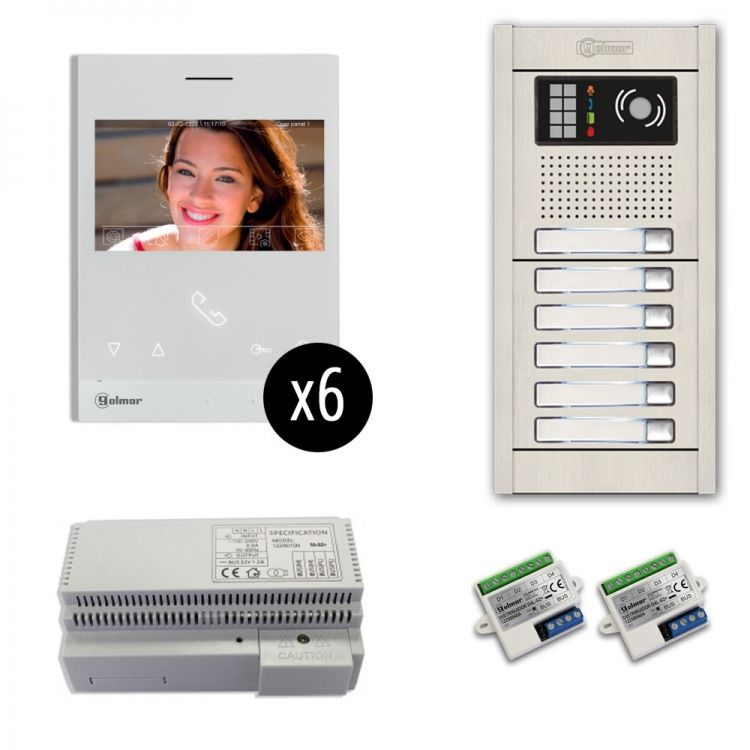6-Unit Videointercom Kit-Al-Fl. Incl. 6- Art4lite/G2 Monitors 6 Button Flush Alum. Door Camera Station & Power Equipt