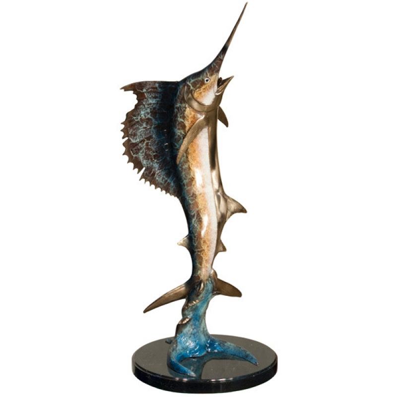 Marine Bronze Sword Fish On Marble Base - Special Patina