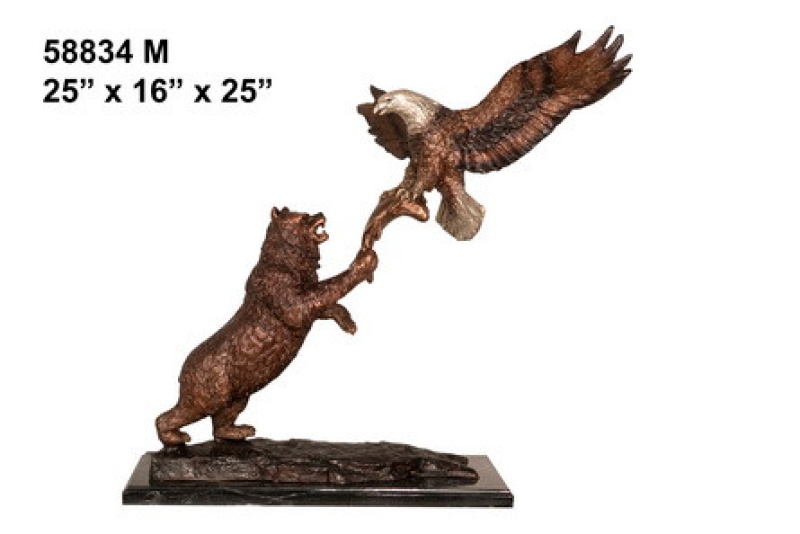 Bronze Bear With Eagle Catching Fish On Marble Base