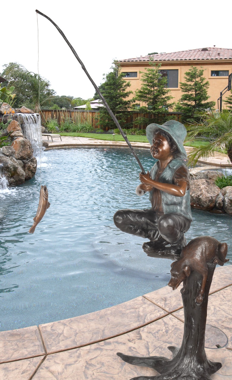 Boy Fishing From Tree Bronze Sculpture