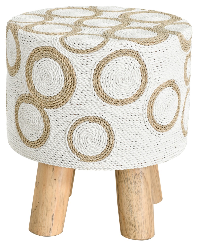 Seagrass Rattan Stool With Circles And Teak Legs White And Beige 19h