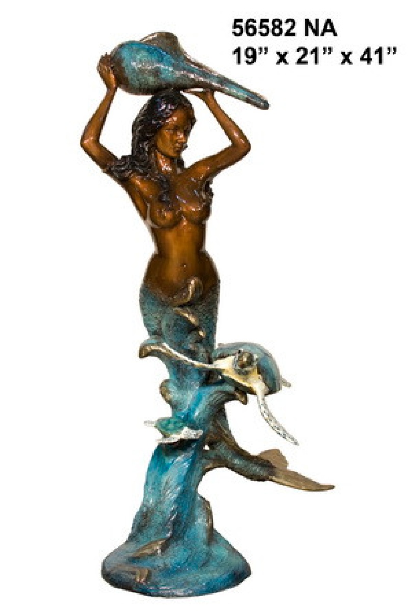 Mermaid And Turtle Fountain In Special Patina