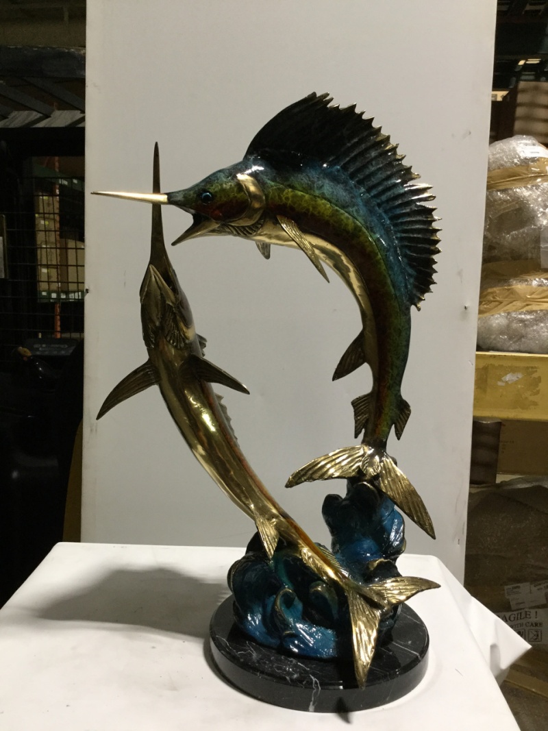 Two Swordfish Bronze in Special Patina 34in