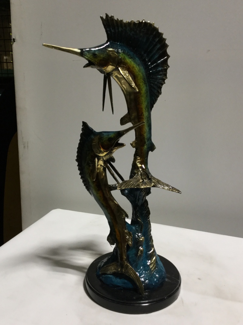 Two Swordfish Bronze In Special Patina 21In