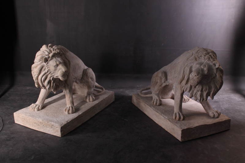 Symmetrical Pair Of 39 Inch Entry Lions In Rough Stone