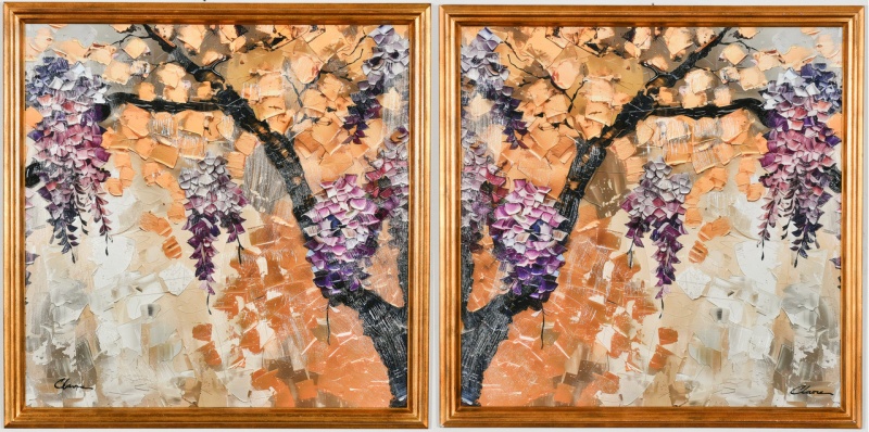 Pair Framed Yellow And Purple Tree Giclee 36X36
