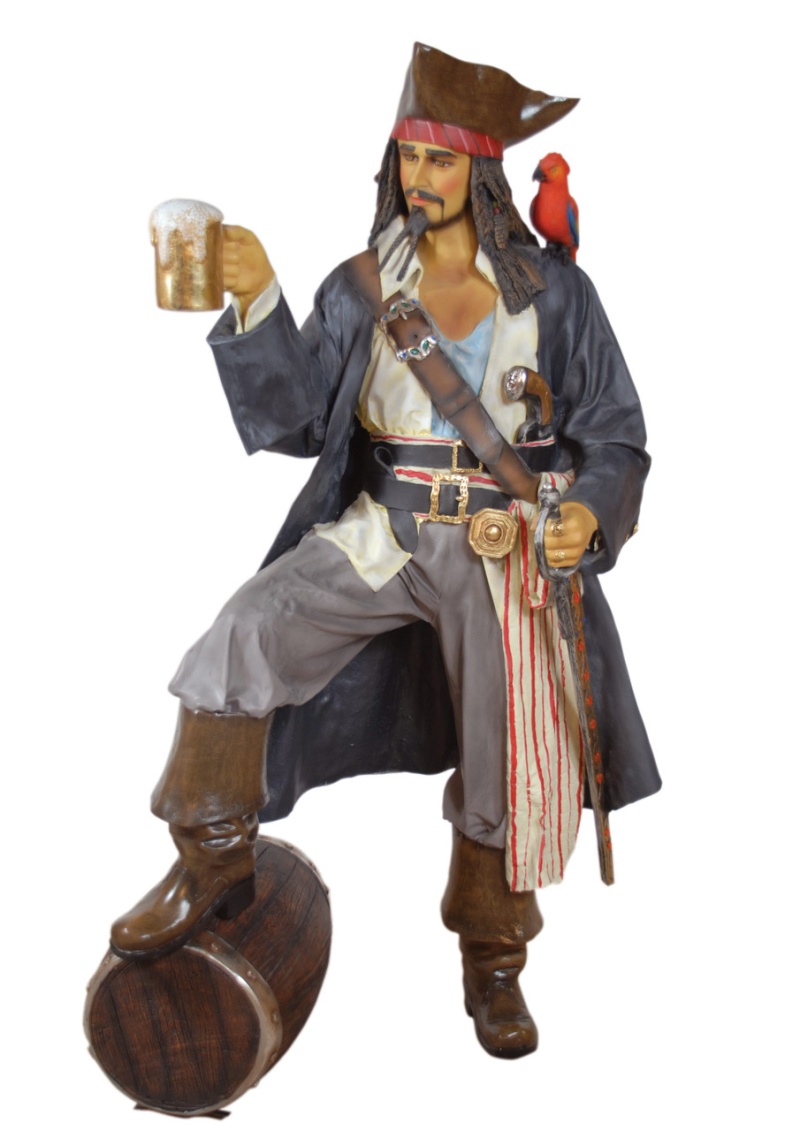 Caribbean Pirate Life Size Statue With Rum And Parrot
