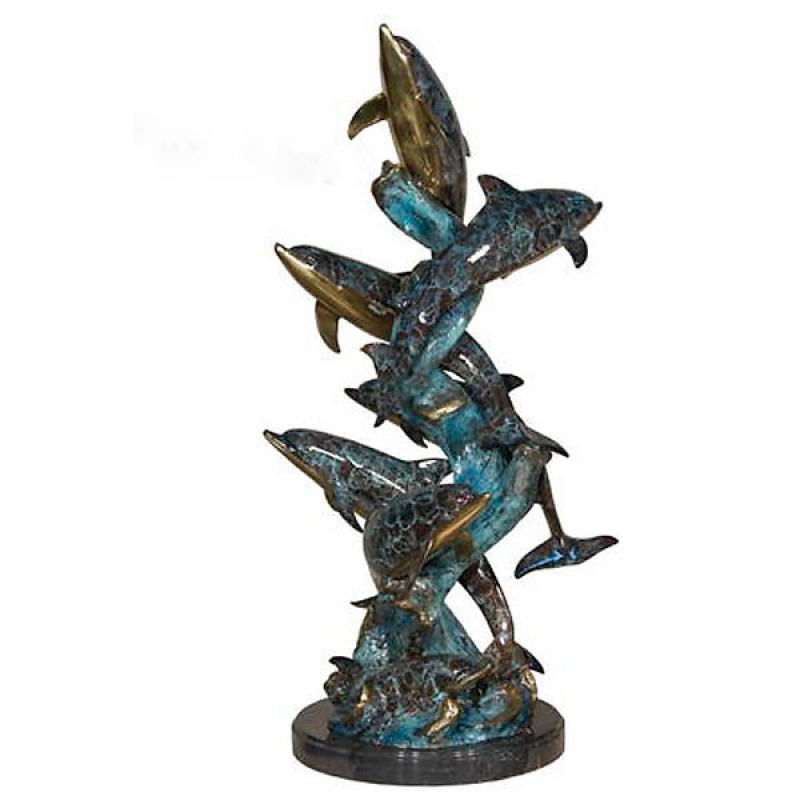 Eight Dolphins In Special Patina On Marble Base