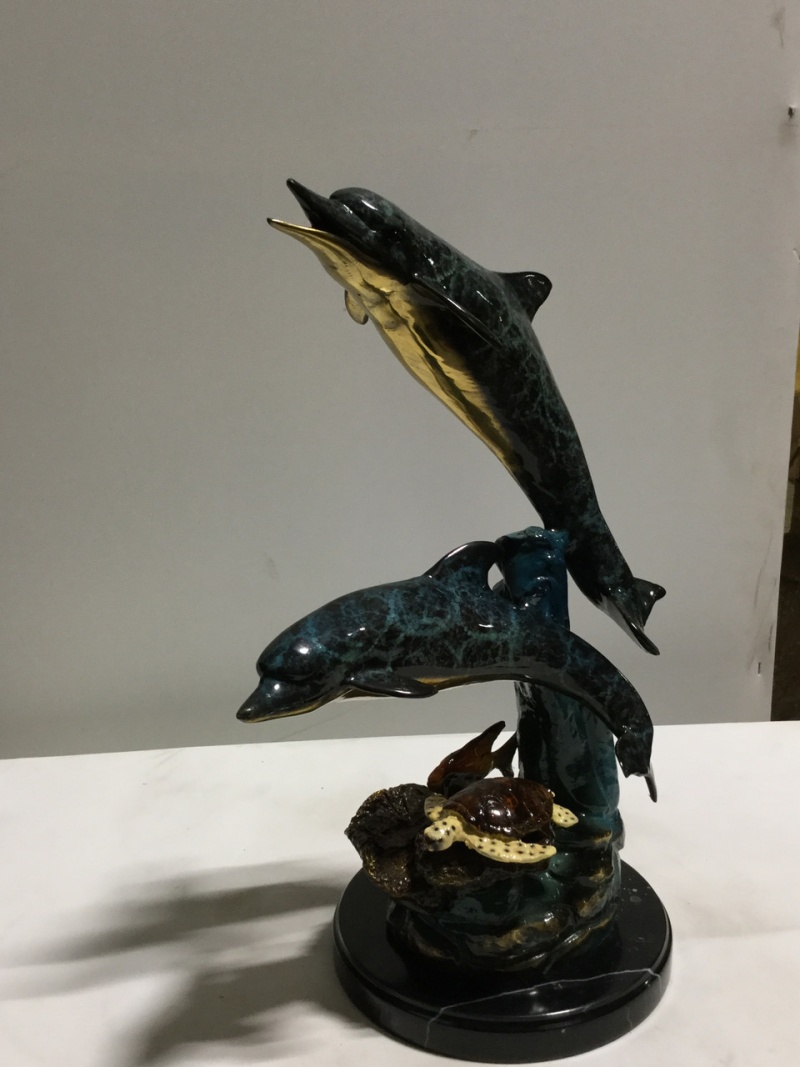 Two Dolphin With Turtle Bronze In Special Patina 16In
