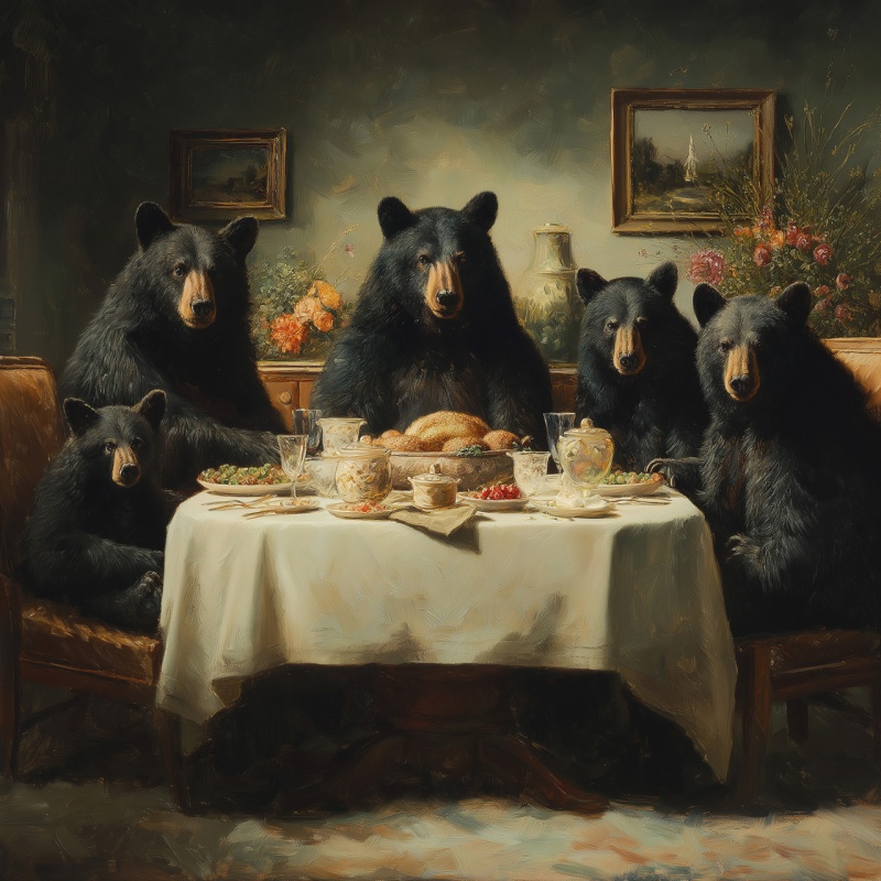 Family Of Four Bears At Dinner Giclee