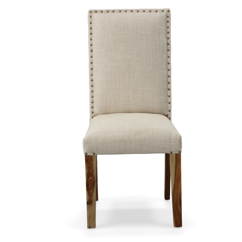Chair Upholstered Dining Solid Wood Neutral Linen W Knailheads