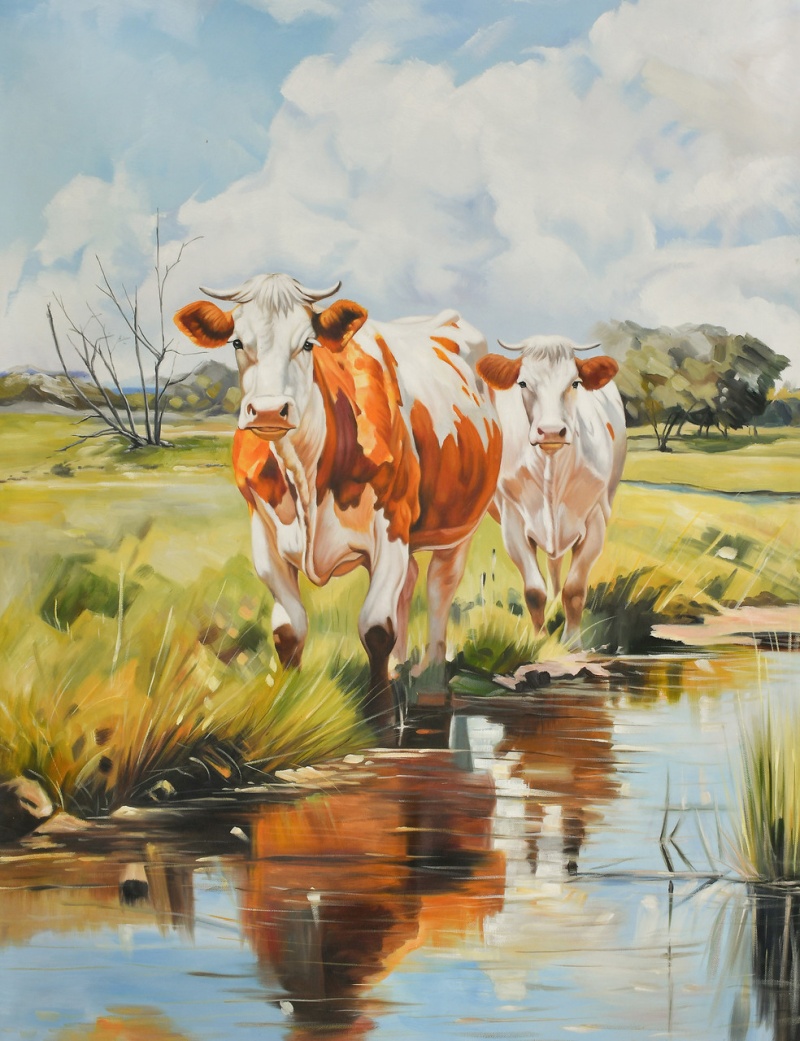 Two Cows Walking Along The Creek