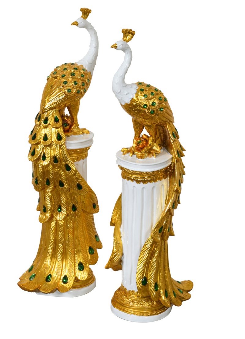 Golden Emerald Peacocks On Pedestal Set of 2