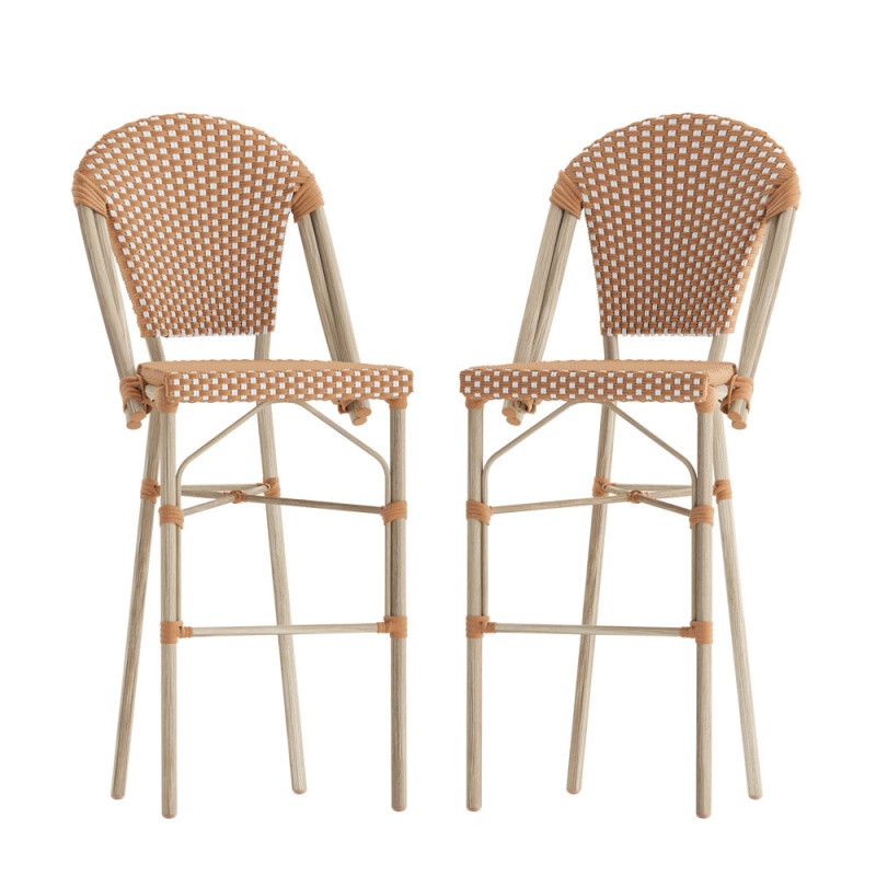 Lourdes Set Of 2 Stackable Indoor/Outdoor Bistro 30" High Bar Stools, Commercial Grade, Natural/White And Light Natural Finish