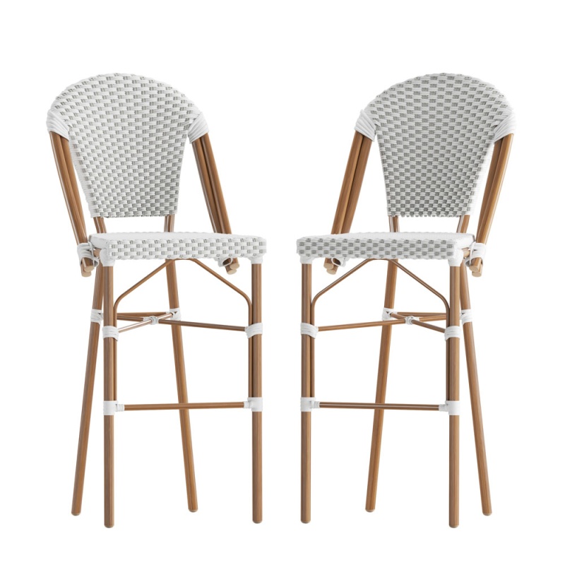 Lourdes Set Of 2 Stackable Indoor/Outdoor Bistro 30" High Barstools, Commercial Grade, White/Gray And Bamboo Finish