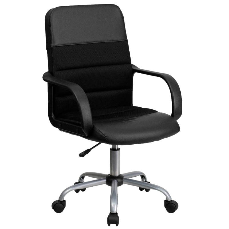 Manor Mid-Back Black Leathersoft And Mesh Swivel Task Office Chair With Arms