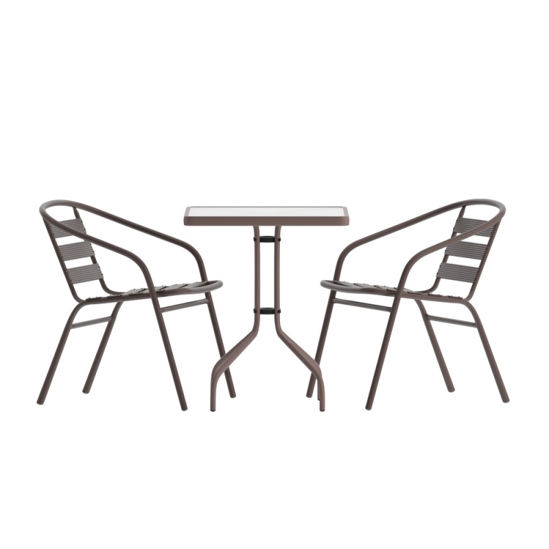 Lila 23.5'' Square Glass Top Metal Table With 2 Bronze Aluminum Slat Stack Chairs