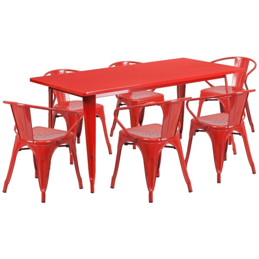 Oakley Commercial Grade 31.5" X 63" Rectangular Red Metal Indooroutdoor Table Set With 6 Arm Chairs