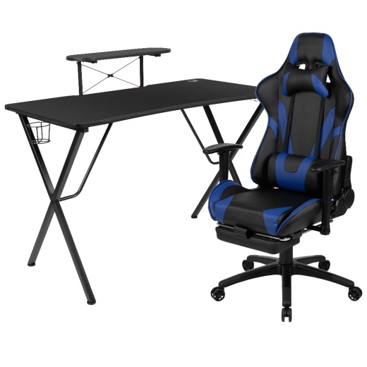 Optis Black Gaming Desk With Cup Holder/Headphone Hook And Monitor/Smartphone Stand & Blue Reclining Gaming Chair With Footrest