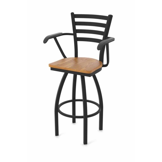 415 Jackie With Arms Swivel Stool With Black Wrinkle Finish And Medium Oak Seat