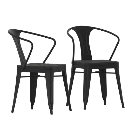 Helvey Commercial Indoor/Outdoor Black Stacking Arm Chair With Vertical Slat Back And Poly Resin Slatted Seat, Set Of 2