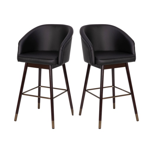 Margo 30" Commercial Grade Midback Modern Barstool With Walnut Finish Beechwood Legs And Curved Back, Black Leathersoft/Bronze Accentsset Of 2