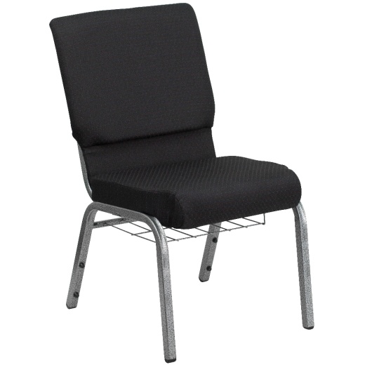 Hercules Series 18.5''W Church Chair In Black Patterned Fabric With Cup Book Rack Silver Vein Frame