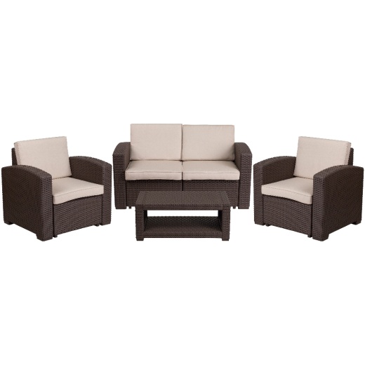 Seneca 4 Piece Outdoor Faux Rattan Chair, Loveseat And Table Set In Seneca Chocolate Brown