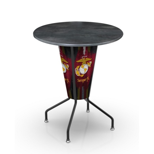 L218 United States Marine Corps (Red/Yellow) 42" Tall 36" Indoor/Outdoor Black Steel Top Lighted Pub Table With Black Wrinkle Finish By Hbs