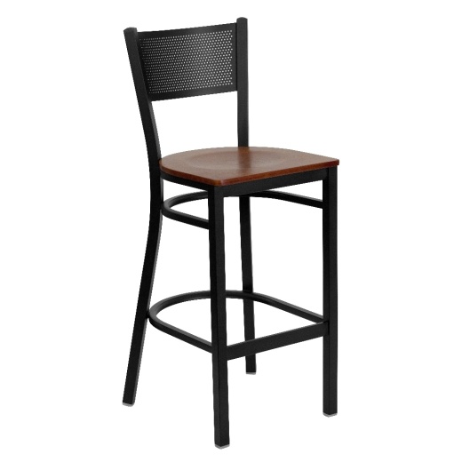 Hercules Series Black Grid Back Metal Restaurant Barstool Cherry Wood Seat