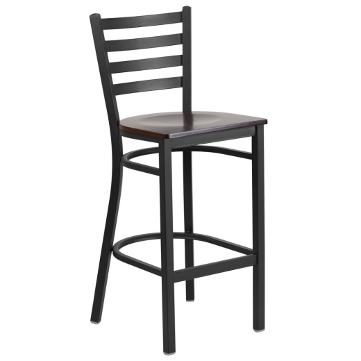 Hercules Series Black Ladder Back Metal Restaurant Barstool Walnut Wood Seat