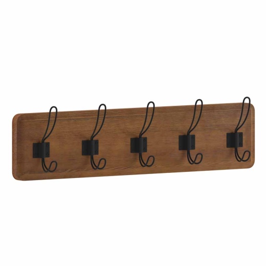 Daly Wall Mounted 24 Inch Classic Brown Solid Pine Wood Storage Rack With 5 Hooks For Entryway, Kitchen, Bathroom