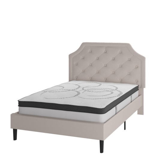 Brighton Full Size Tufted Upholstered Platform Bed In Beige Fabric With 10 Inch Certipurus Certified Pocket Spring Mattress