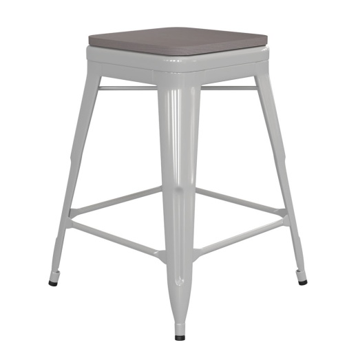 Kai Commercial Grade 24" High Backless White Metal Indooroutdoor Counter Height Stool With Gray Poly Resin Wood Seat