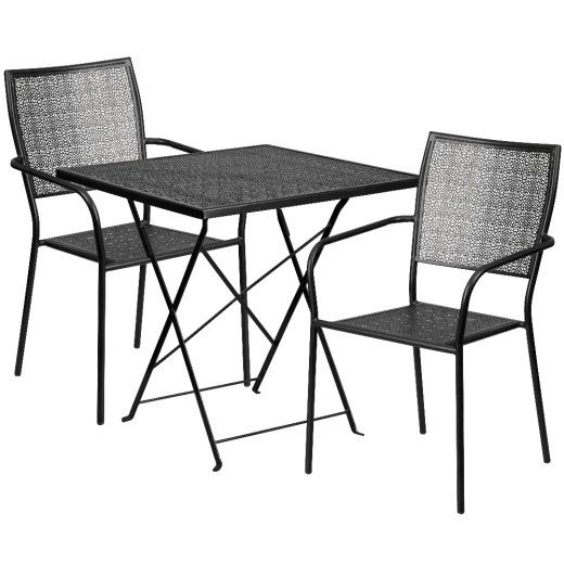 Oia Commercial Grade 28" Square Black Indooroutdoor Steel Folding Patio Table Set With 2 Square Back Chairs