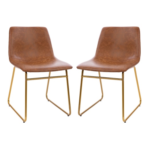 Butler 18 Inch Dining Table Height Chair, Midback Sled Base Dining Chair In Light Brown Leathersoft With Gold Frame, Set Of 2