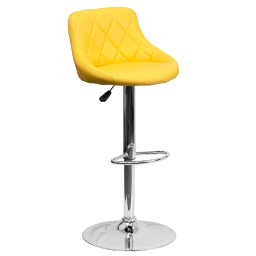Dale Contemporary Yellow Vinyl Bucket Seat Adjustable Height Barstool With Diamond Pattern Back And Chrome Base