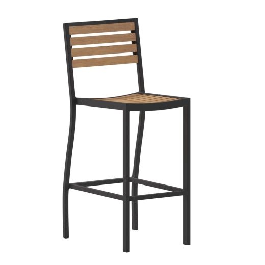 Lark Commercial Grade Bar Height Stool, Allweather Outdoor Bar Stool With Faux Wood Poly Resin Slats And Aluminum Frame, Teak