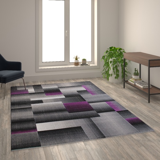 Elio Collection 6' X 9' Purple Color Blocked Area Rug Olefin Rug With Jute Backing Entryway, Living Room, Or Bedroom