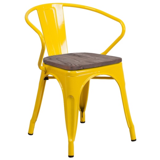 Luna Yellow Metal Chair With Wood Seat And Arms