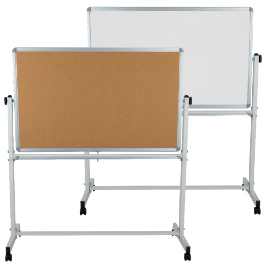 Hercules Series 53"W X 59"H Reversible Mobile Cork Bulletin Board And White Board With Pen Tray